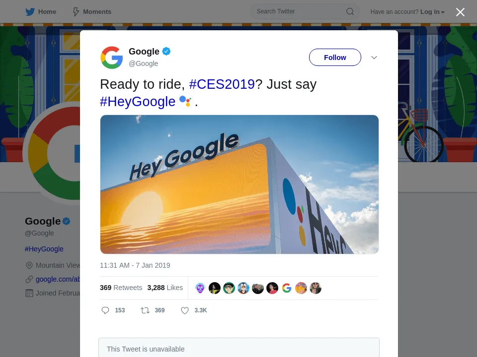 Google - Verified Twitter Account - Ready to ride, #CES2019? Just say #HeyGoogle. Google - Verified Twitter Account - Ready to ride, #CES2019? Just say #HeyGoogle.