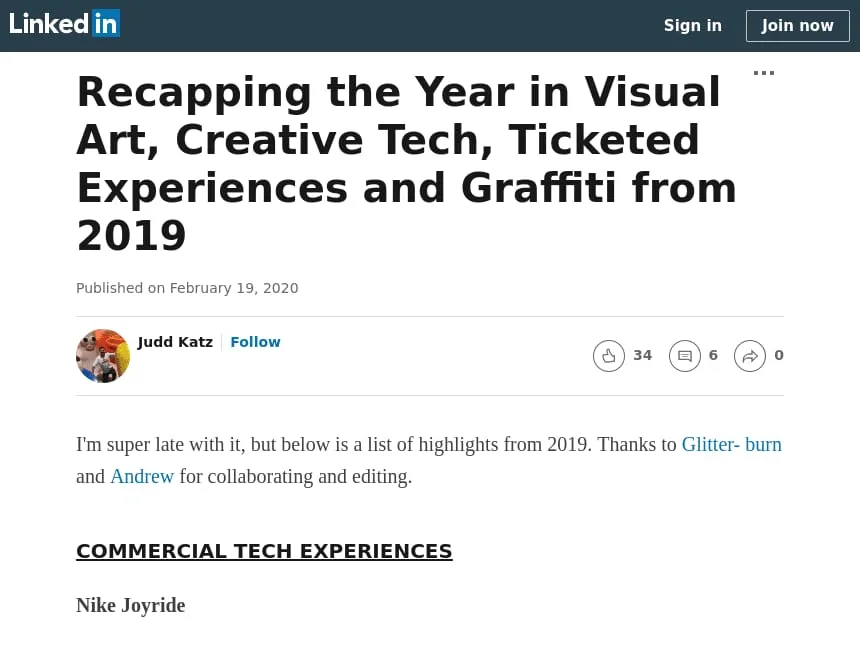 LinkedIn: Log In or Sign Up - Recapping the Year in Visual Art, Creative Tech, Ticketed Experiences and Graffiti from 2019 LinkedIn: Log In or Sign Up - Recapping the Year in Visual Art, Creative Tech, Ticketed Experiences and Graffiti from 2019