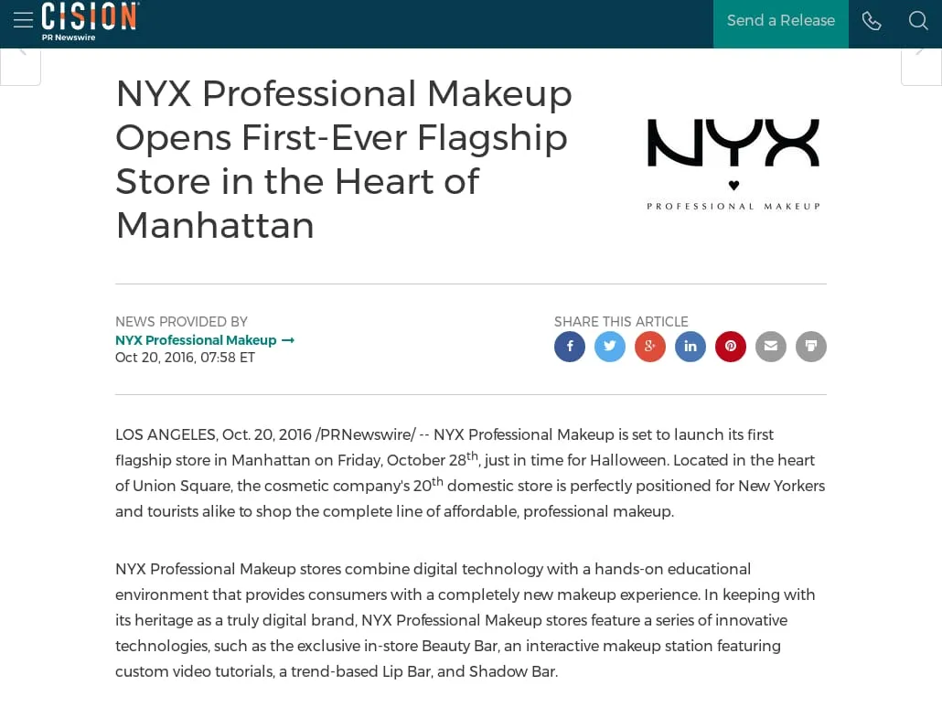 PR Newswire: press release distribution, targeting, monitoring and - NYX Professional Makeup Opens First-Ever Flagship Store in the Heart of Manhattan PR Newswire: press release distribution, targeting, monitoring and - NYX Professional Makeup Opens First-Ever Flagship Store in the Heart of Manhattan