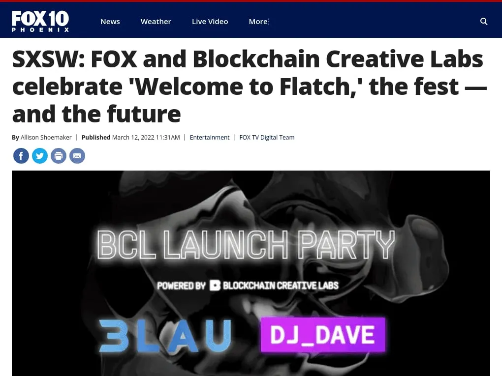 FOX 10 Phoenix - SXSW: FOX and Blockchain Creative Labs celebrate 'Welcome to Flatch,' the fest â and the future FOX 10 Phoenix - SXSW: FOX and Blockchain Creative Labs celebrate 'Welcome to Flatch,' the fest â and the future