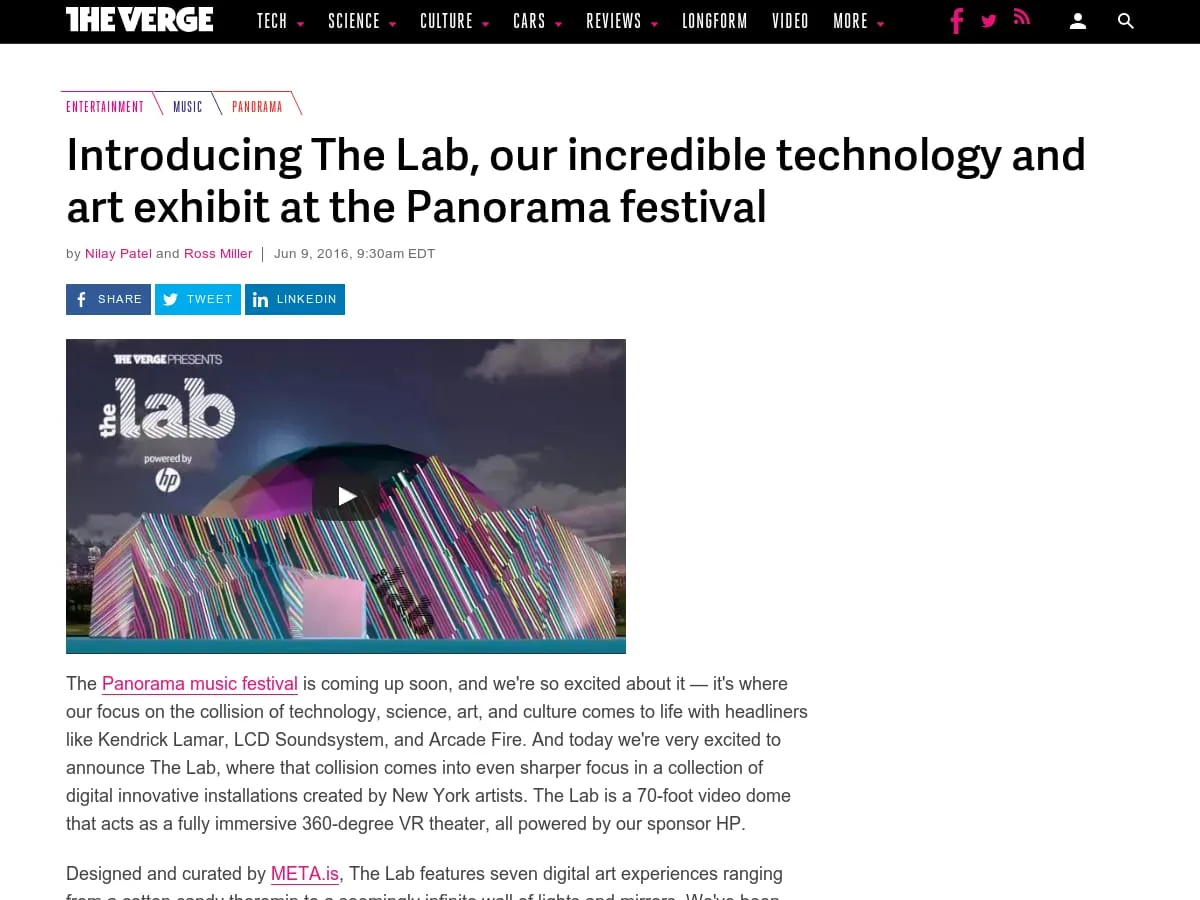 The Verge - Introducing The Lab, our incredible technology and art exhibit at the Panorama festival The Verge - Introducing The Lab, our incredible technology and art exhibit at the Panorama festival