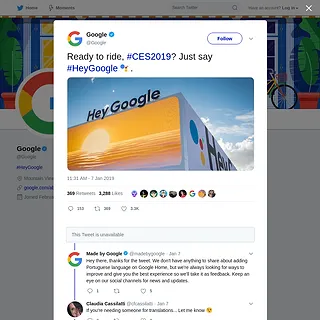 Google - Verified Twitter Account - Ready to ride, #CES2019? Just say #HeyGoogle.